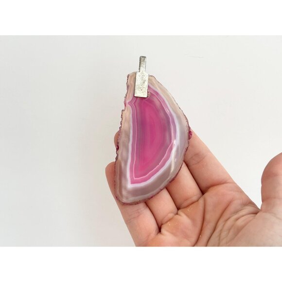 Pink Slice Agate Crystal Geode Freeform Shaped Large Silver T Vintage Pendant - Picture 11 of 13